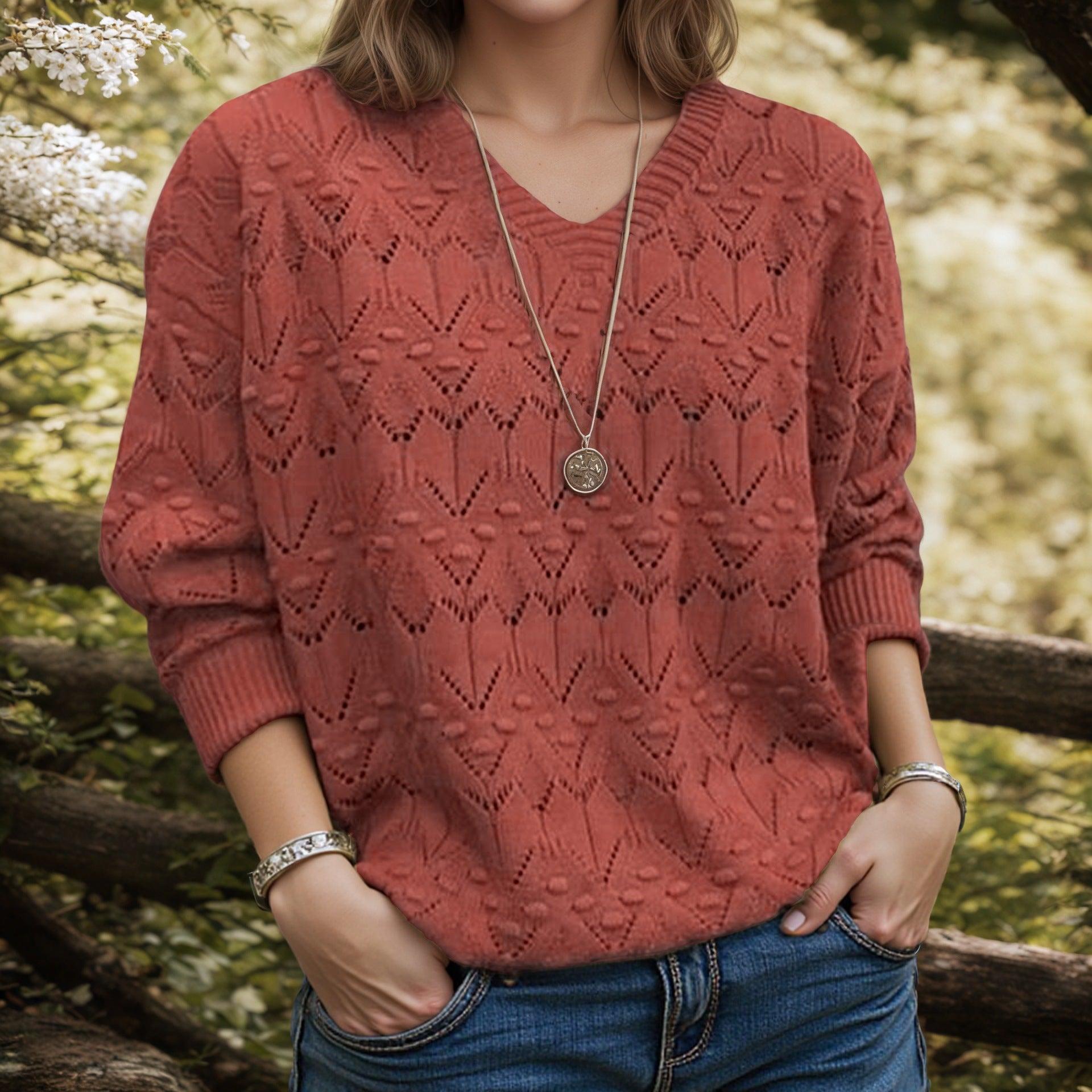 Signe | V-Neck Chevron Bobble Scandinavian Knit Jumper