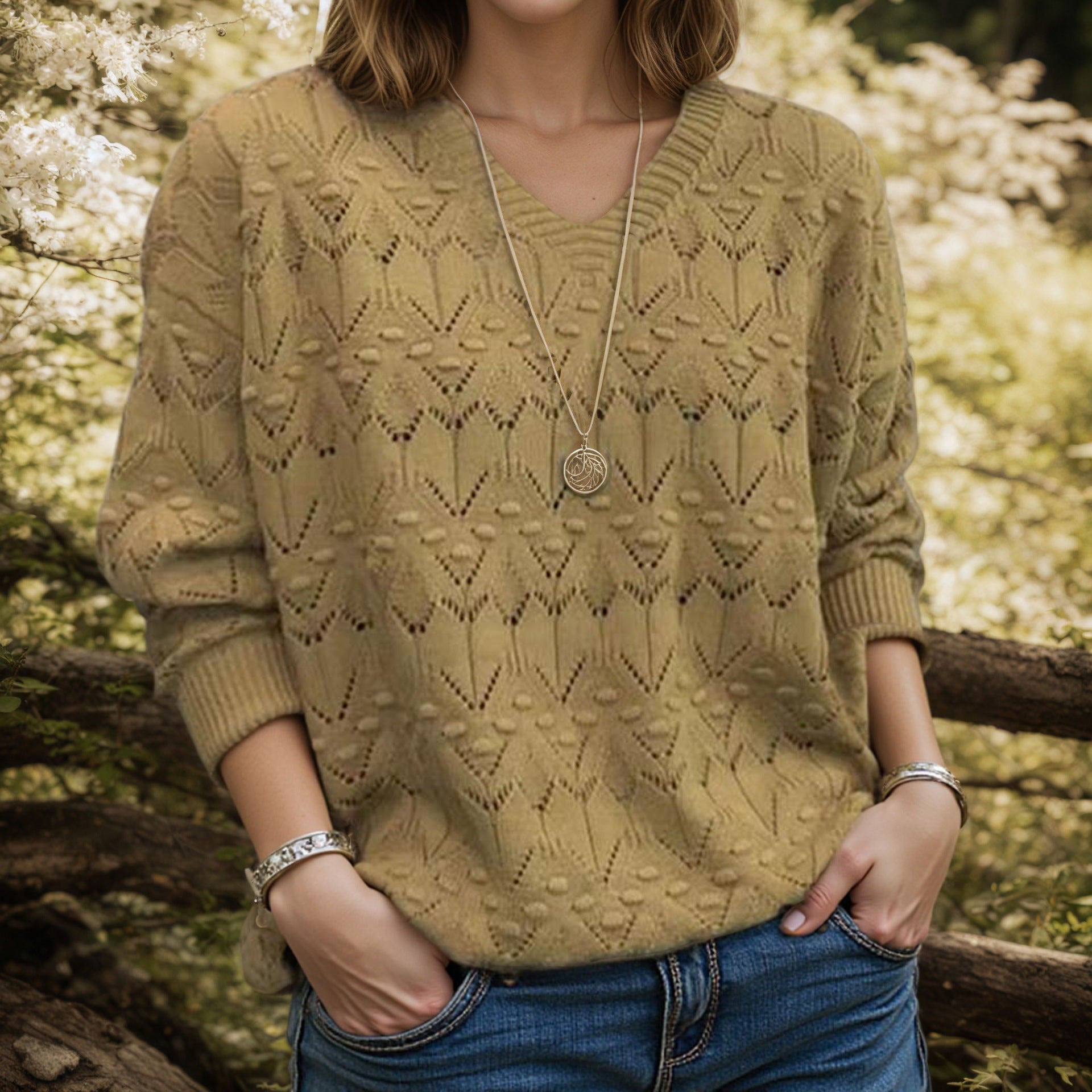 Signe | V-Neck Chevron Bobble Scandinavian Knit Jumper