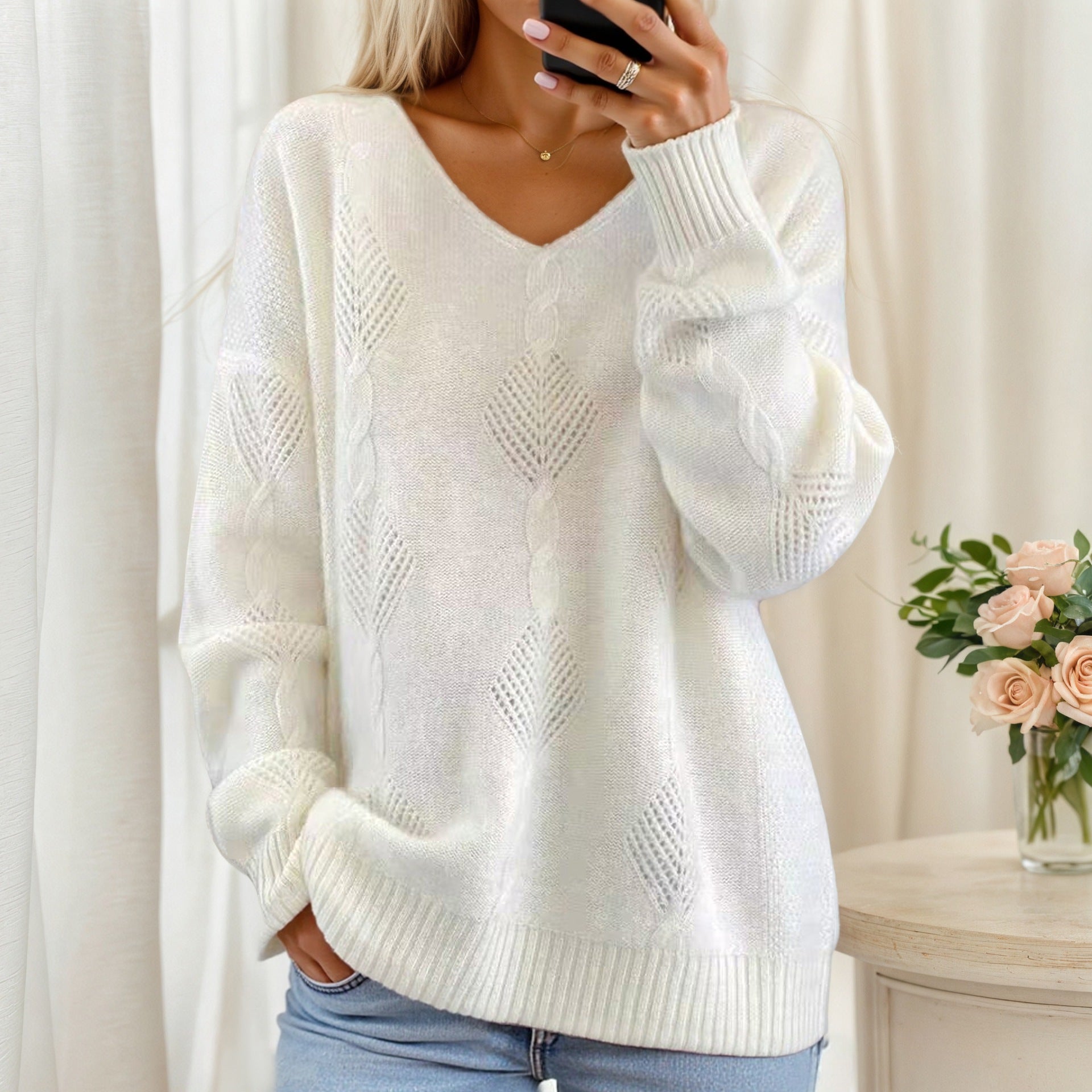 Freja | V-Neck Diamond Cable Scandinavian Knit Jumper