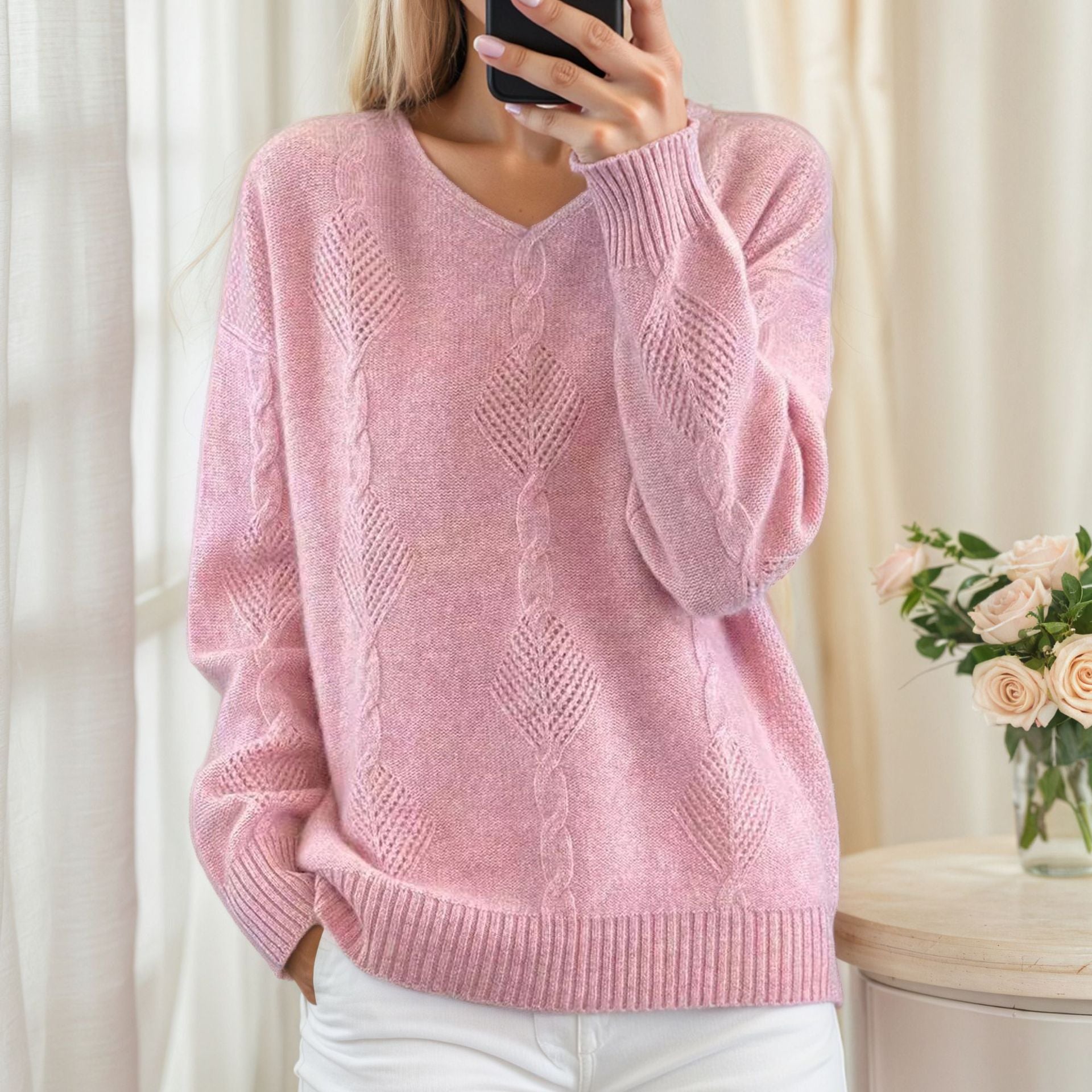 Freja | V-Neck Diamond Cable Scandinavian Knit Jumper