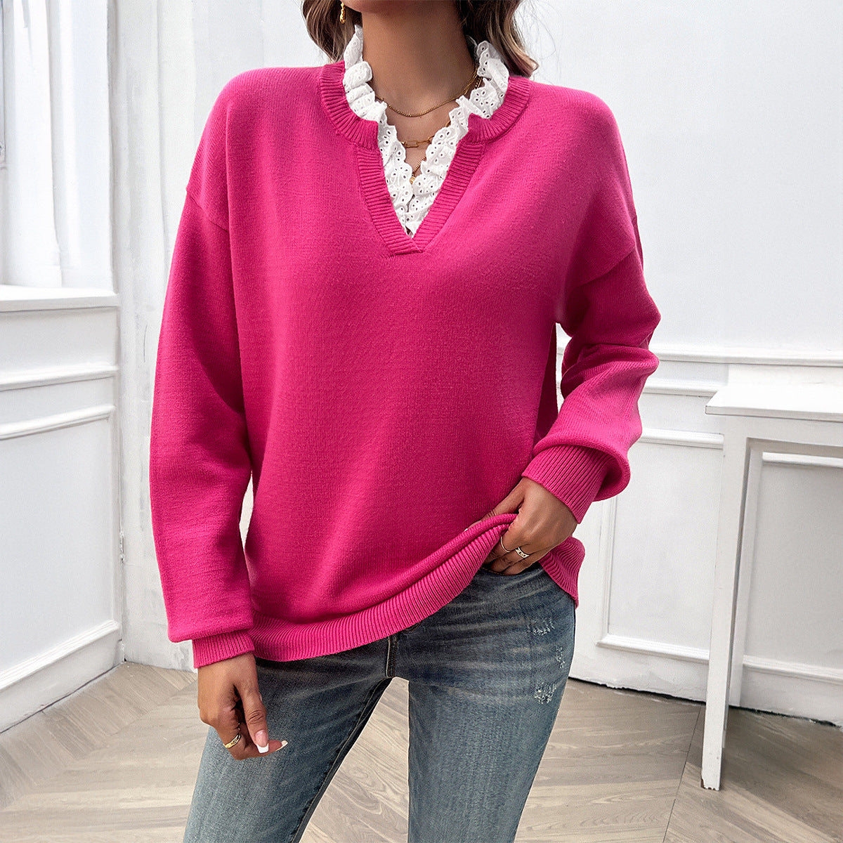 Eleanor | Elegant Lace-Trim Knit Sweater