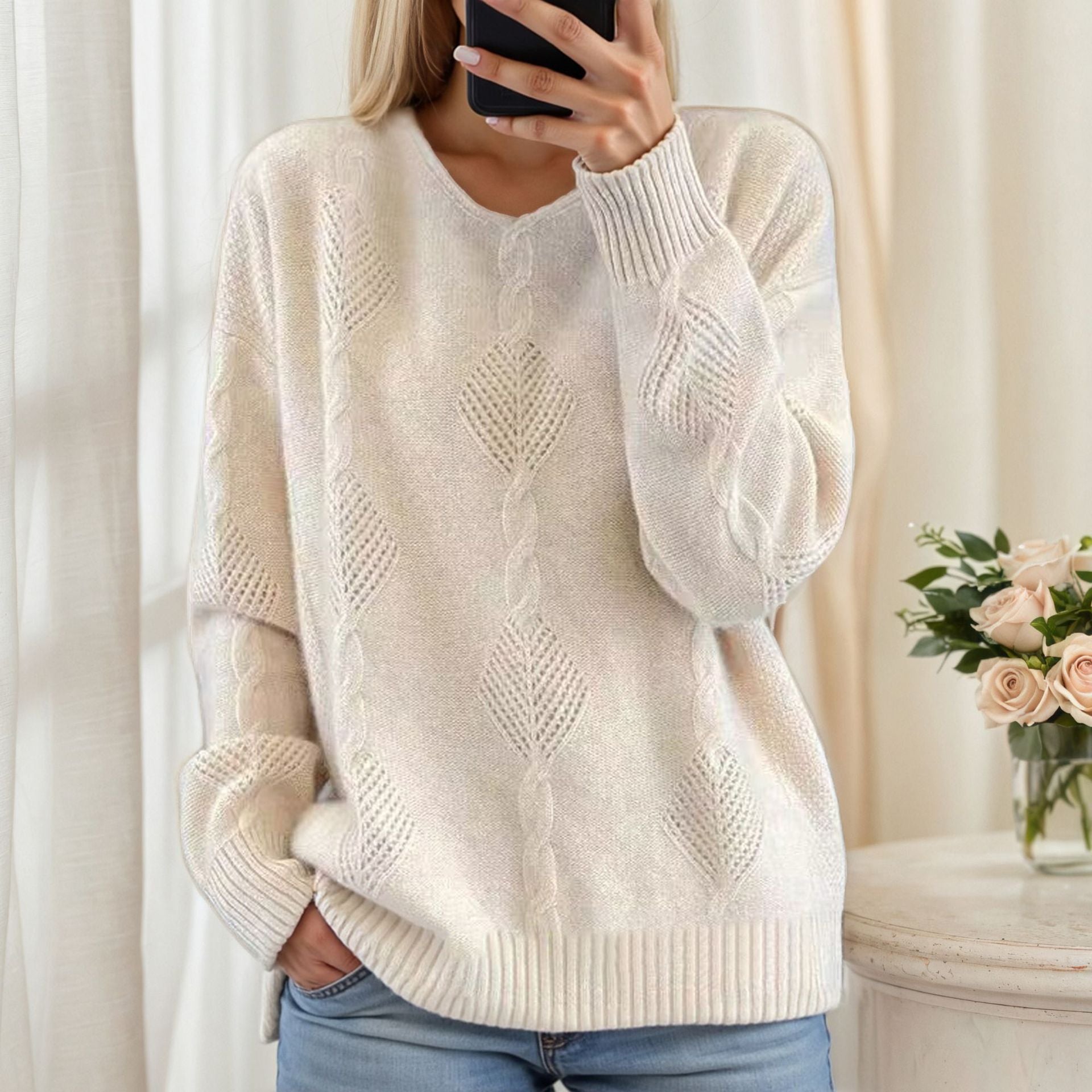Freja | V-Neck Diamond Cable Scandinavian Knit Jumper