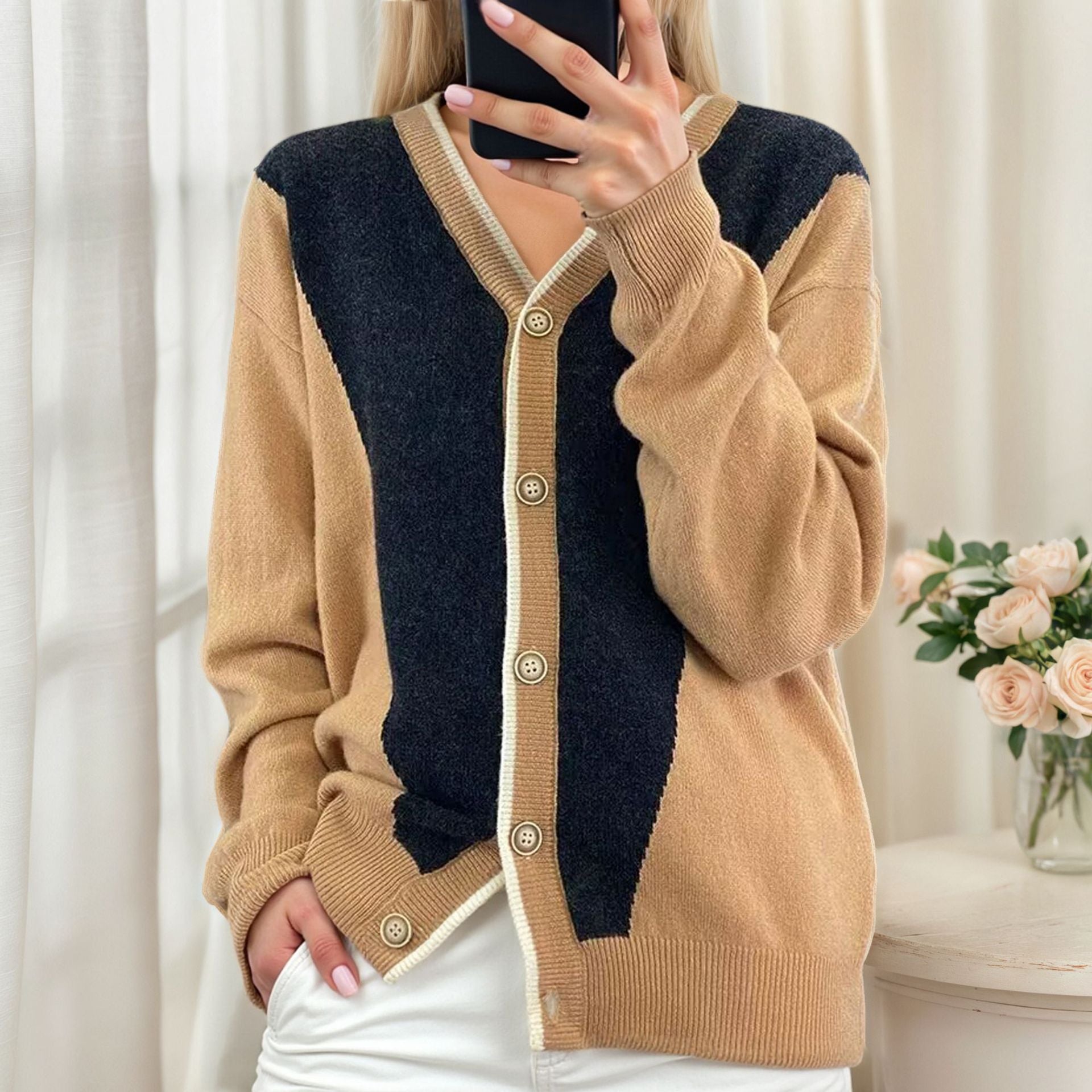 Ingrid | Soft Colourblock Contrast Trim Cardigan