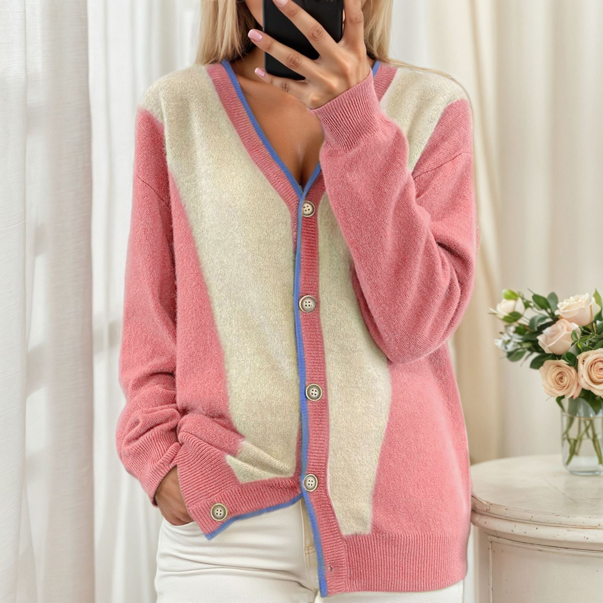 Ingrid | Soft Colourblock Contrast Trim Cardigan