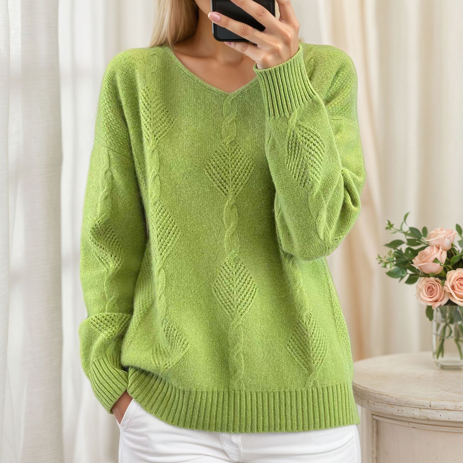 Freja | V-Neck Diamond Cable Scandinavian Knit Jumper