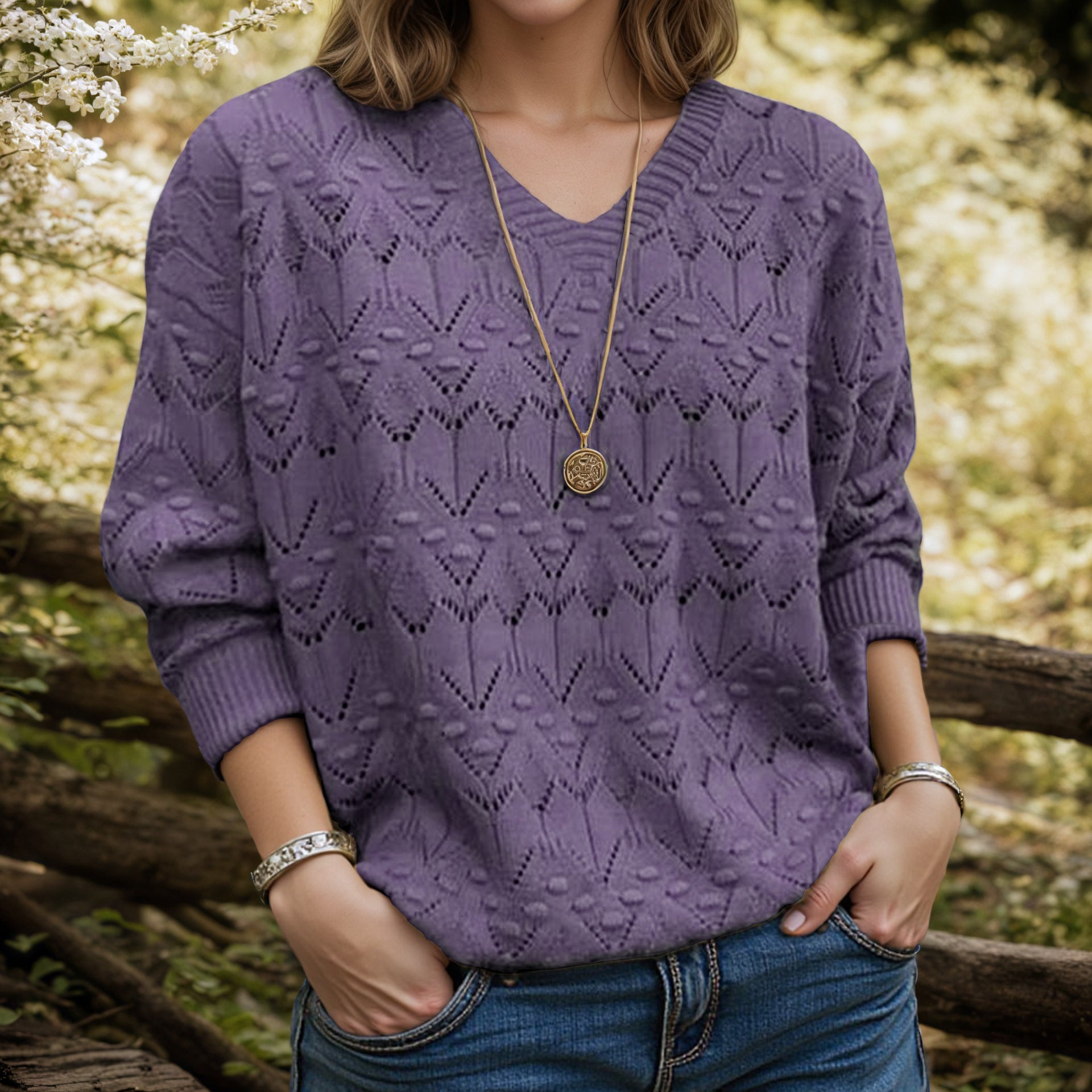 Signe | V-Neck Chevron Bobble Scandinavian Knit Jumper